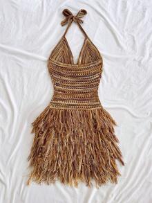 Soleia Women's Vintage Maillard Color Tassel Hem V-Neck Halter Mini Dress, Suitable For Cruise, Holiday, Date, Afternoon Tea, Party, Nightclub, Beach, Island Resort, Road Trip, Hippie, Music Festival, Wedding Season, Boho Vacation Beach Dress, Can Be Worn Inside Or Outside, Suitable For All Seasons Crochet Sets For Women Crochet Skirt Set Earthy Clothes Women Bohemian Brown Two Piece Set Women Western Goddess Outfit Sexy Vacation Dress Fringe Dress Tassel Dress Havana Nights Outfit - Multicolor - View 2