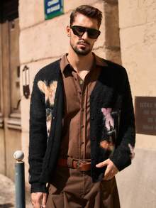 AKNOTIC Business Casual Men's Casual Butterfly Jacquard Drop Shoulder Long Sleeve Knitted Cardigan, Autumn/Winter, Grunge Style, Christmas - Black - View 5