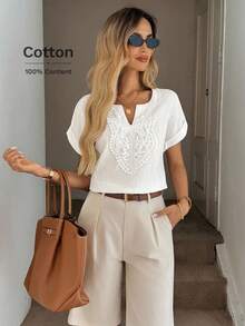 Easowa 女士蕾丝拼接水洗棉休闲/度假优雅衬衫，复古富贵风格 - 白色 - 查看 3