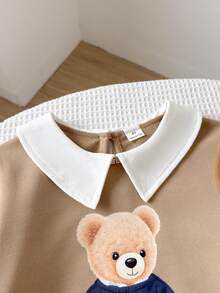 Playful Pals Conjunto informal para niñas de 2 en 1 con camisa de cuello, estampado frontal de diseño lindo, puño acanalado y sudadera con cintura elástica, falda plisada de cuadros vintage, para otoño/invierno - Caqui - Ver 3