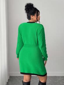 Elenzga Gaun Sweater Rajut Warna-warni Elegan untuk Wanita Ukuran Plus, Model Ikat Depan, Musim Gugur/Dingin - Hijau - View 2