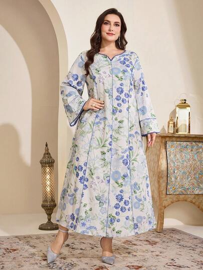 Al Najma Đầm dài tay họa tiết hoa cổ chữ V phong cách Ả Rập dành cho nữ cỡ lớn