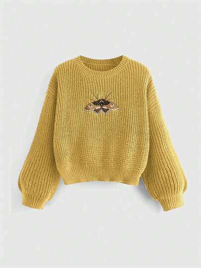 Hippie Maglione casual a girocollo da donna con ricamo di animali, maniche lunghe, versatile