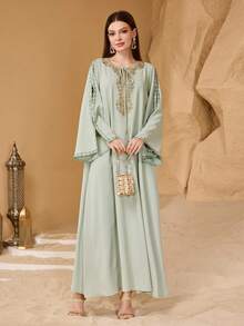 SHEIN Najma Vestido largo de mujer de manga larga con decoración de encaje elegante y romántico - verde menta - Ver 4