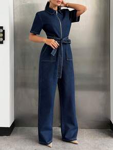 SHEIN Zipper Front Short Sleeves Casual Denim Jumpsuit - Dark Wash - View 5