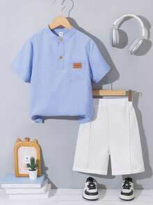 Bộ 2 áo chui đầu cổ tròn phong cách mới mùa hè và quần short đơn sắc thường ngày, áo sơ mi tay ngắn thời trang, thích hợp mặc hàng ngày, đi học, mua sắm, ăn uống, tiệc tùng và các dịp khác - Màu xanh lam - Xem 4