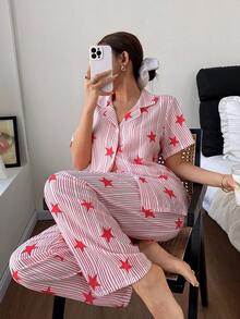 星形条纹休闲翻领开衫女士睡衣套装 - 紅色 - 查看 5
