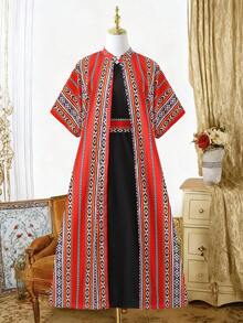 SHEIN Setelan Abaya 2 Potong untuk Remaja Perempuan, Hitam dan Putih, Musim Panas, Kasual, Serasi untuk Keluarga - Hitam - View 4