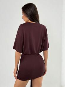 SHEIN PETITE 宽松版型方肩修身半身裙垂褶环细节T恤连衣裙街头风可爱优雅休闲性感外出秋冬春夏太妃糖圣诞节感恩节时尚 - 棕色 - 查看 3