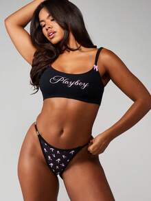 Missguided x Playboy Bunny Print Thong Underwear With Contrast Waistband And Logo Details For Intimates Collection - Black - View 3