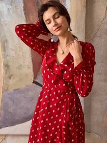 Hansera Damska sukienka maxi z falbanką w groszki, z bufiastymi rękawami i dekoltem w serek, idealna na Walentynki, elegancką, randkową, codzienną, w stylu retro - Czerwony - Zobacz 3