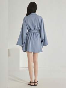 Heiryn Women's Solid Color Minimalist Long Sleeve Mini Dress, Casual Everyday Wear - Baby Blue - View 3