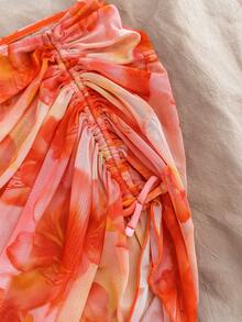 SHEIN Teen GirlElegant Printed Spaghetti Strap Bikini - Orange - View 5