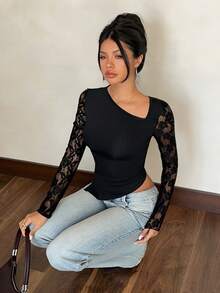 Siren Gaze 优雅纯色蕾丝拼接不对称长袖T恤 - 黑色 - 查看 1