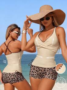 Swim Lushoire 女士两件套性感优雅成熟豹纹交叉V领吊带背心式泳衣套装，春夏款 - 彩色 - 查看 1