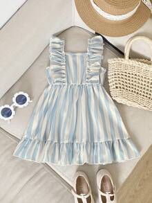 1件女婴可爱甜美田园风时尚休闲浅蓝白竖条纹荷叶边飘逸袖无袖方领A字连衣裙半身裙吊带裙柔软舒适，适合日常穿着、海滩度假、野餐、夏季和春季穿着。 - 藍白色 - 查看 7