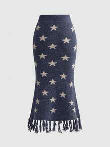 ROMWE Hippie 嬉皮复古波浪流苏五角星提花美人鱼下摆女式针织裙 - 藍色 - 查看 2