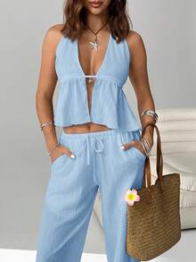 SHEIN EZwear 两件套女士度假纯色露背吊带上衣和裤子休闲套装 - 藍色 - 查看 3