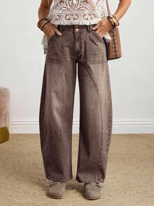 EMERY ROSE 大码时尚复古宽松牛仔裤，带口袋 - 咖啡棕 - 查看 2