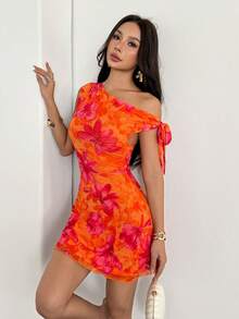 SHEIN PETITE 女士夏季新款碎花不对称肩部性感优雅度假迷你连衣裙，网纱碎花连衣裙，不对称领口连衣裙，春夏服装，沙滩装，优雅，性感，度假，海滩，夏威夷，约会，派对，音乐节，毕业礼服，舞会礼服 - 橘色 - 查看 5