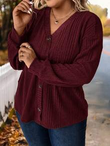 SHEIN LUNE Plus Size Casual Solid Color Button Front Ribbed T-Shirt, Autumn - Burgundy - View 3