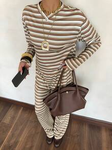 Siren Gaze Women's Fabric Striped Long Sleeve Round Neck Tee And Pants Two-Piece Casual Outfit Rib-Knit Details Aesthetic Tops 70s Tops Striped Top Striped Blouse - Multicolor - View 5