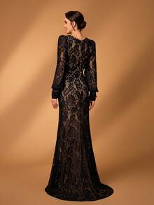 Serin Elegant Luxurious Embroidered Elastic Lace Puff Sleeve Ruched Fishtail Dress With Rhinestone Buttons, Suitable For Weddings, Parties, Vacations, Galas, Holidays, Bride, Mother Of The Bride Evening Gowns - Navy Blue - View 4