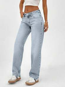 CasuGlow 100% Cotton LOW RISE  STRAIGHT FIT VINTAGE WASH Y2K STYLE JEAN - Baby Blue - View 6