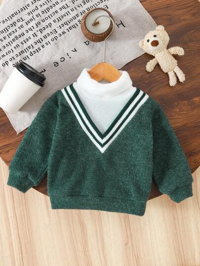 SHEIN Baby Boy V-Neck 2 In 1 Knitted Sweater, High Collar Knit Pullover For Autumn/Winter