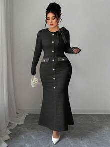 Elenzga 大码女式长袖圆领针织纹理修身鱼尾裙摆仿珍珠纽扣蝴蝶结优雅法式风格百搭通勤约会淑女长裙 - 黑色 - 查看 5