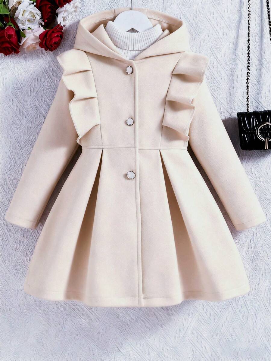 女童红色荷叶边长袖休闲连帽单排扣羊毛大衣