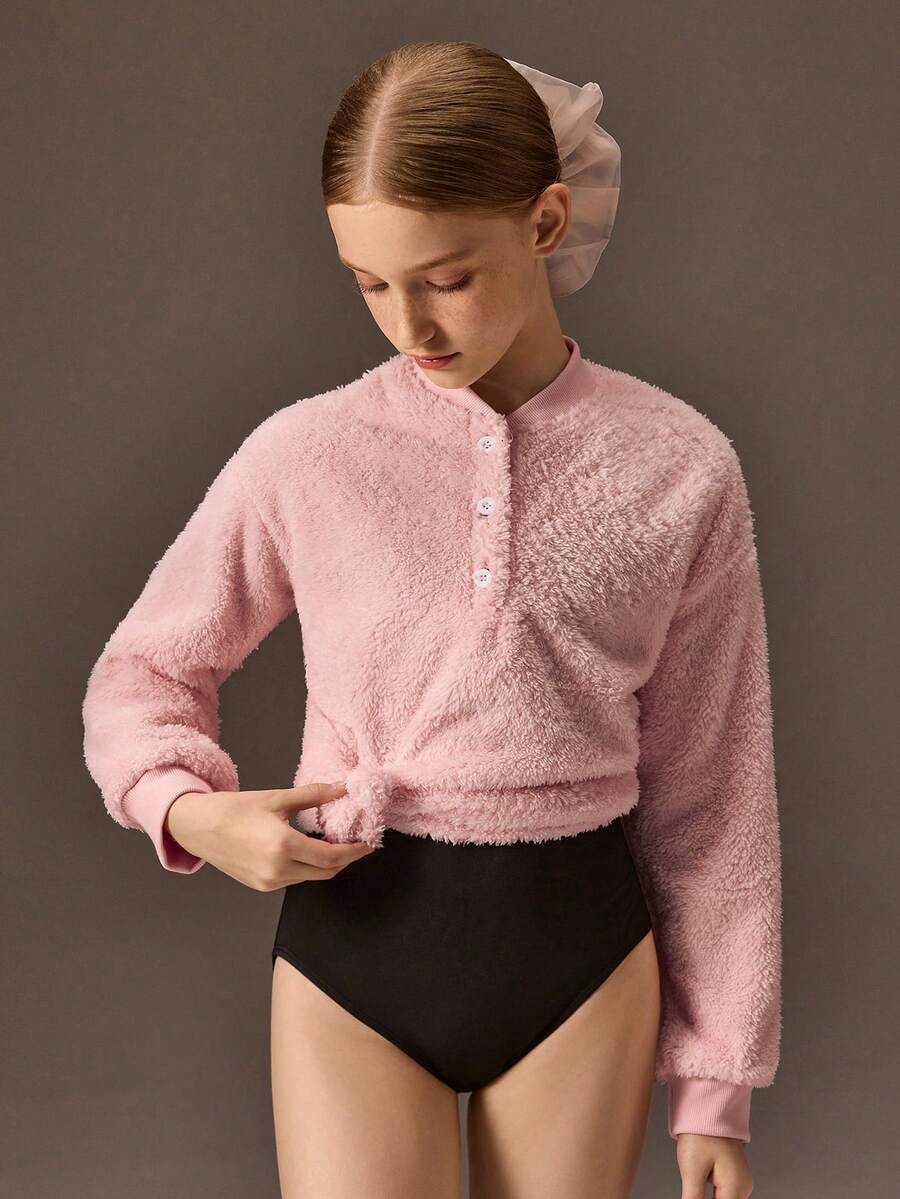 SHEIN Tween Girls Plush, Warm Sweatshirt; Perfect For Dance, Ballet, Dance Training, Everyday Wear, Comfortable At Home, Ballet-Inspired Outfits, Versatile, Christmas. - Pink - View 1