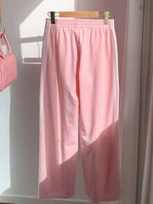 Comfortcana 女士休闲日常通勤上学运动风弹力腰撞色条纹侧边宽松阔腿运动裤 - 粉色 - 查看 2