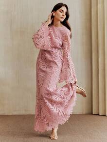 Đầm dài dáng đuôi cá ôm eo, cổ tròn, tay loe, eo thon, họa tiết lá thêu ren, kiểu dáng thanh lịch mùa xuân/hè mới của Anewsta dành cho nữ. - Hồng - Xem 6