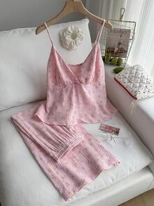 Comfortcana Plus Size 2pcs Set:Floral V-Neck Ruffle Trim Camisole And Shorts, Casual, Spring/Summer,Comfortable Pure Cotton Two-Piece Sets Women, Summer Outfits - Pink - View 7