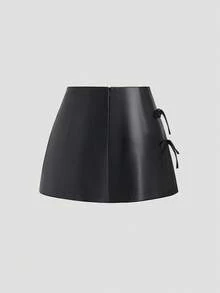 SHEIN Sweetro 春夏蝴蝶结腰部开衩性感PU皮A字迷你裙，时尚百搭，适合日常穿着和通勤。 - 黑色 - 查看 2