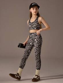 SHEIN Tween Girls Leopard Print Active Top & Leggings 2 Pieces Set, High Stretch Sports Outfit With Vibrant Faux Leopard Print - Multicolor - View 5