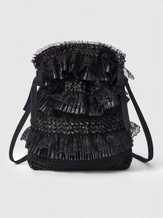 Grunge Punk Bolso cruzado con múltiples capas de encaje plisado