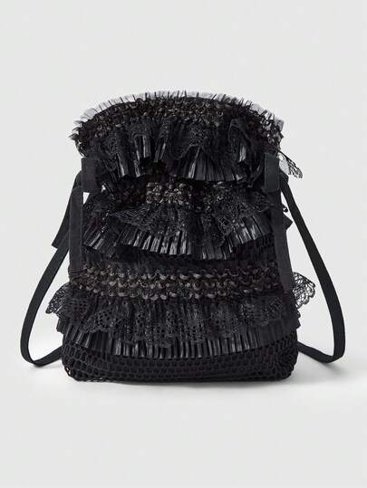 Grunge Punk Multi Layer Pleated Lace Crossbody Bag