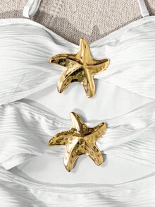 SHEIN Tween Girl Casual Vacation White 1pc Detachable Strap Hollow Starfish Accent Ruched One-Piece Swimsuit, Summer Beach - White - View 2
