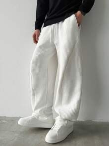 Manfinity Homme Men's Casual Drawstring Waist Pockets Loose Sweatpants White Baggy Pants Men Baggy Wide Pants Men Loose Fit Pants - White - View 5