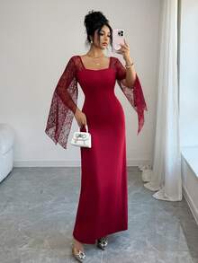 SHEIN Elenzya Váy dài tay loe ren thắt eo cho nữ, thanh lịch khi đi làm hàng ngày, thời trang, ngày lễ, phong cách đường phố Pháp, đa năng, thích hợp cho ngày lễ tình nhân, hẹn hò, tiệc tùng, năm mới, màu đỏ tía, đầu xuân/thu đông, váy dài tay mới về - Đỏ - Xem 3