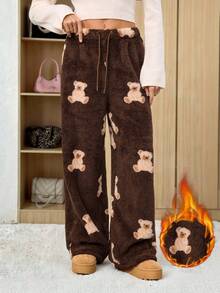 SHEIN Tall Women's Casual Cartoon Bear Pattern Drawstring Waist Teddy Fleece Long Pants, Autumn/Winter - Brown - View 11