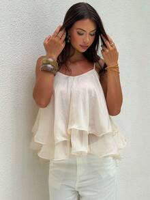 Aloruh Áo ba lỗ voan họa tiết màu mơ không tay lãng mạn cho nữ, mùa xuân/hè - Màu be - Xem 5