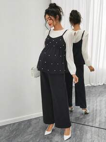 SHEIN Maternity Round Neck 2 In 1 Beaded Decor Long Sleeve Top And Wide Leg Pants Casual Outfit - Black - View 5