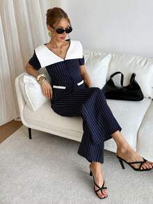 Siren Gaze Women's Striped Short Sleeve Single-Breasted Shirt And Pants Casual Suit - Navy Blue - View 5
