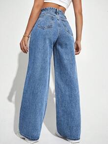 SHEIN ICON 女士口袋宽松阔腿休闲百搭牛仔裤 - 中等水洗藍 - 查看 2