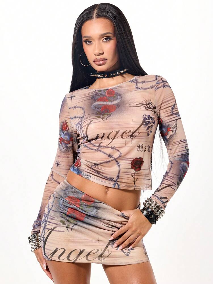 Mesh Long Sleeve Top With Angel Print