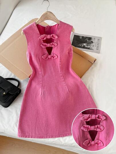 Comfortcana Women's Solid Color Minimalist Sleeveless Denim Dress, Casual Everyday Wear Winter Clothes Christmas Dress Christmas Party Dress Women's New Year's Eve Dresses Party Dress  Elegant Party Dresses Short Party Dress  Elegant Dresses For Women Pink Dresses For Women Elegant Pink Christmas Dress Women's Sleeveless Pink Denim Mini Dress With Decorative Bows And V-Neckline, Chic Short Dress For Winter