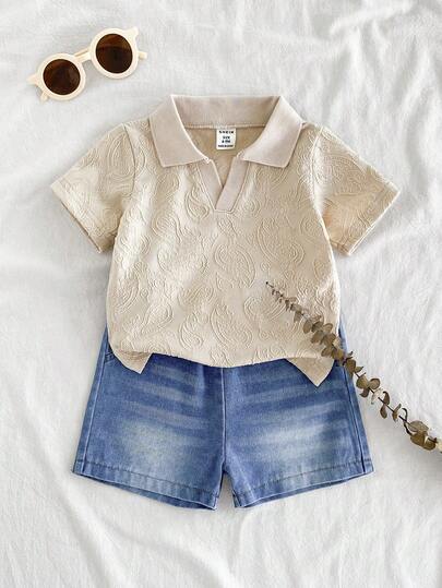 SHEIN Vintaside Kids 男婴佩斯利印花翻领短袖上衣搭配时尚水洗牛仔短裤套装，百搭休闲夏季装扮，适合日常穿着、家庭露营、外出就餐或购物。